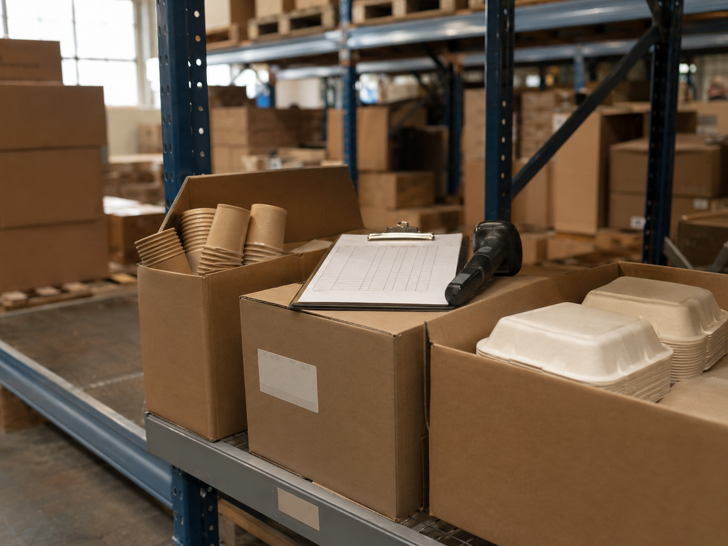 Australian trade-supply warehouse aisle with cartons of hospitality stock, clipboard, and barcode scanner