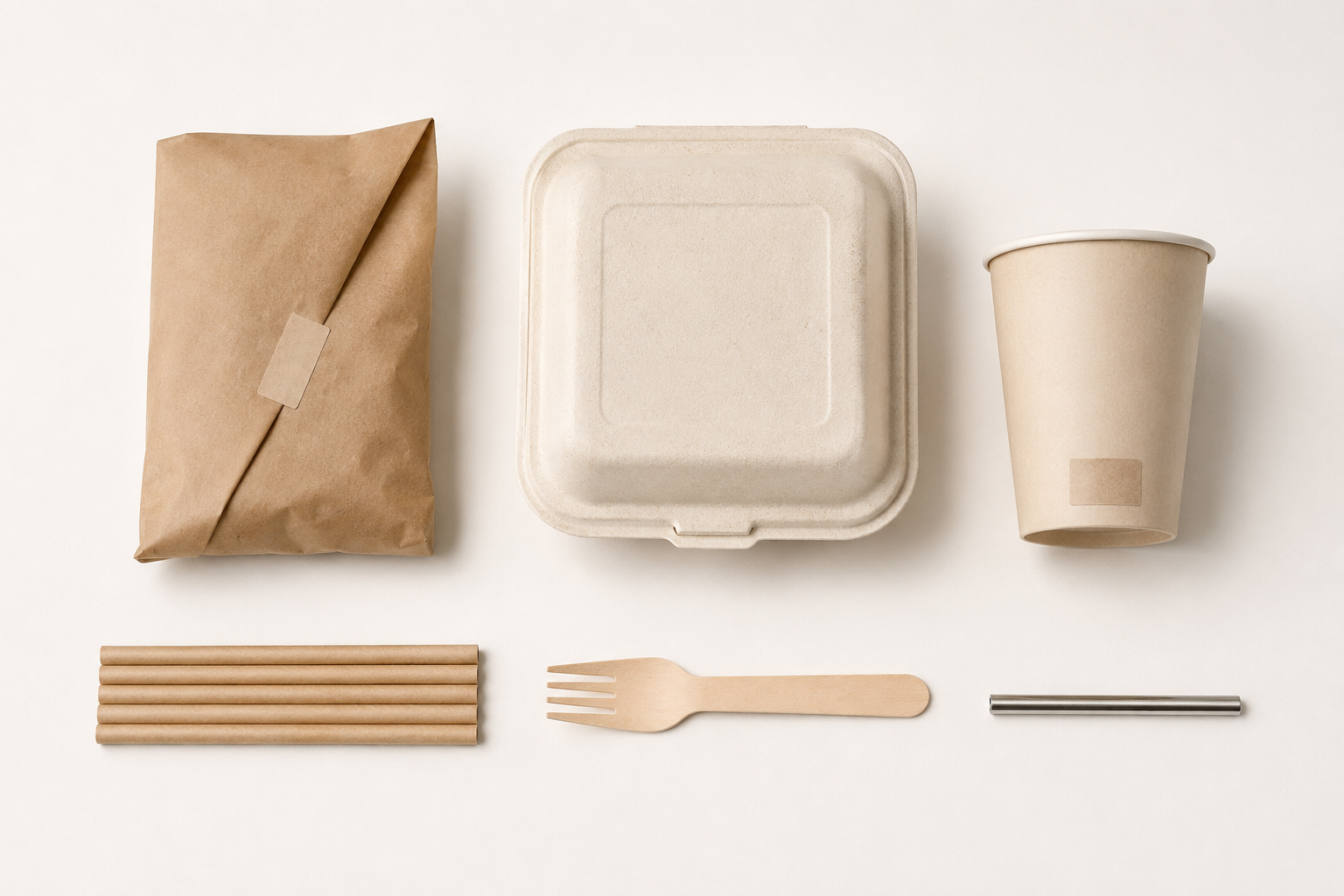 Flat-lay of VIC plastic-ban compliant items: kraft sandwich wrap, bagasse clamshell, PLA paper cup, compostable straws, birchwood cutlery, stainless reusable straw