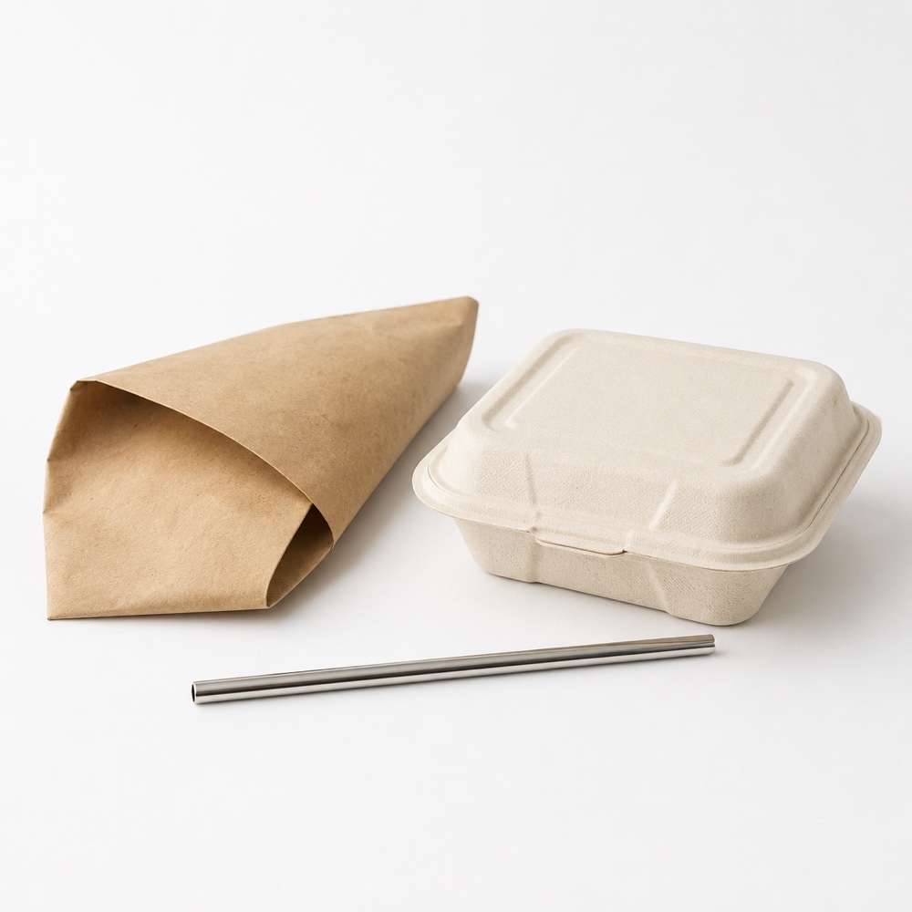 Kraft sandwich wrap, bagasse clamshell, and stainless reusable straw